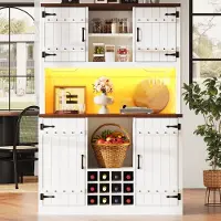 HAUSS SPOLE Hoge Keukenkast - Scheunerdeur Design Met RGB Led Verlichting En Wijnrek - Voor Keuken En Eetkamer - MDF En Metaal - Wit - 120x40x180 Cm