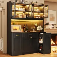 HAUSS SPOLE Keukenkast - Hoge Keukenkast Met RGB Led En App Bediening - Met Glazen Vitrines En Schuifladen Voor Keuken - Mdf - Zwart - 120x40x187 Cm