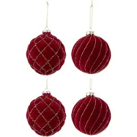 J-Line kerstbal Lijnen/Geruit - fluweel - rood/goud - doos van 4