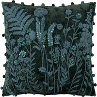 J-Line kussen Bladeren + Bloemen Vierkant - viscose - donkergroen/turquoise