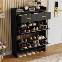 STILVORA Schoenenkast - Smal Model Met 2 Klapvakken En 2 Lades - Modern Voor Hal En Woonruimte - Spaanplaat - Zwart - 75 X 24 X 108,5 Cm