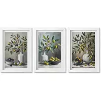 Wallfluent 3-Delige Schilderij Set - Olijven In Keramische Schalen Op Een Grijze Achtergrond - 20 x 30 - Wanddecoratie - Muurdecoratie - Moderne Interieurdecoratie - Stijlvolle Muurdecoratie