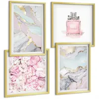 Wallfluent 4-Delige Schilderij Set - Roze Bloemen Met Marmer- En Pastelpatronen - 40 x 40 cm En 40 x 60 cm - Wanddecoratie - Muurdecoratie - Woonkamer - Interieur Decoratie