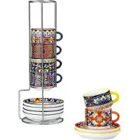 Happiq 12-delige Bohemian Porseleinen Kopjeset 9 oz – Met Schotels en Metalen Houder voor Espresso, Cappuccino, Latte & Thee