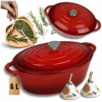 Hage - Gietijzeren Braadpan - Braadpan - Kookpan - Stoofpan - Stoofpan met Deksel - Geëmailleerd - Geschikt voor Inductie & Dutch Oven - 6 Liters - 34 x 26 x 18 cm - Rood