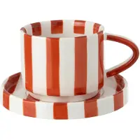J-Line kopje + schoteltje Gestreept - steengoed - cognac/wit - 4 stuks