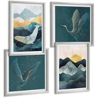 Coloray 4-Delige Schilderij Set - Abstracte Berglandschappen, Vliegende Kraanvogels - 40 x 40 cm En 40 x 60 cm - Muurdecoratie - Schilderijen Set - Woonkamer - Woonkamer Decoratie