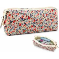 VHV Etui Bloemetjesprint - Pencil Case Dames - -20 x 4.5 x 7 cm-Corduroy Pennenetui - Make-up Tas en Organizer - Voor School Examen, Kantoor - Beige