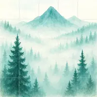 IXXI Dennenbos En Bergen In De Ochtendmist, Natalie Bruns - 100 x 100 cm - Grote wanddecoratie en posters - Aquarel, Gang, Studeerkamer, Woonkamer