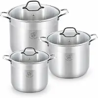 ROYAL SWISS – Kookpannenset 6-delig – RVS Kookpotten 16L, 19L & 22,5L – 3 Grote Soeppannen met Glazen Deksels