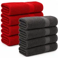 Komfortec handdoeken – Set van 8 - Badhanddoek 50x100 cm - 100% Katoen - Antracietgrijs&Rood