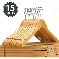 Ceruzo 15 Houten Kledinghangers - Hardhout - Met Broeklat - 360° Haak - Naturel