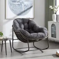HAUSS SPOLE Schommelstoel - Handgeweven Rattan Fauteuil Met Zacht Kussen - Voor Veranda, Terras En Woonkamer - Staal - Grijs