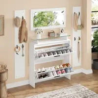 HAUSS SPOLE Schoenenkast Met Spiegel En Glasplanken Witte Hoogglans Staande Garderobeset Voor Hal En Woonkamer Spaanplaat 89 5x23x96 5 Cm