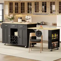 HAUSS SPOLE Mobiele Keukenisland - Uitrekbaar Werkblad Met 3 Lades En Wijnrek - Voor Keuken En Eetruimte - MDF - Zwart En Naturel - 136x50x93 Cm