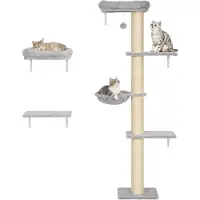 PawHut Kattenplankenset-Spaanplaat, pluche-64L x 29,5B x 178H cm-Lichtgrijs