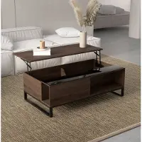 OKWISH Salontafel – Opklapbaar en Hoogteverstelbaar – Met Opbergruimte – Modern – Walnoot met Zwart Metalen Frame – 102 × 58 × 35,5 cm