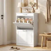 Muvano Smalle schoenenkast met lade - Schoenenkipper met 2 kleppen - Voor 8 paar schoenen-Opbergen - 53x26,5x89 cm- Ruimtebesparend - Kleine hal Wit
