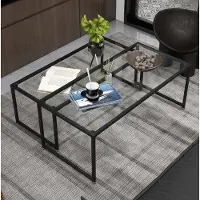 OKWISH Salontafel – 2-delige Set – Nestbare Tafels – Rechthoekig Glasblad – Zwart Stalen Frame – Voor Woonkamer – 119 x 56 x 44,5 cm