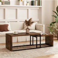 OKWISH Salontafel Set Van 2 – Nestbare Bijzettafels – Rechthoekig – Rustiek Bruin Met Zwart Metaalframe – 90 × 48 × 42 cm