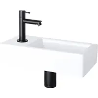 Differnz Helios fonteinset - 37.5x18.5x9.5cm - Rechthoek - 1 kraangat links - Recht matte zwarte kraan - Wit