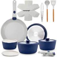 Nutrichef pannenset, 18-delig, keramisch, blauw, met afneembare handgrepen, geschikt voor inductiekookplaten