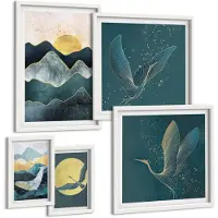 Coloray 5-Delige Schilderij Set - Stijlvolle Berglandschappen Met Vogels En Zon. - 50 x 50 cm, 20 x 30 cm En 40 x 60 cm - Moderne Wanddecoratie - Woonkamer