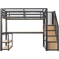 OKWISH hoogslaper 90x200, metalen, met LED-strip en stopcontact, bed voor tieners met trap, opbergruimte en plank, eenpersoonsbed met bureau en veiligheidsframe, zwart (zonder matras)