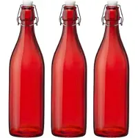 Bormioli Rocco waterfles met beugeldop - 6x stuks - rood transparant - 1000 ml - Giara home deco fles - weckflessen