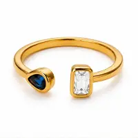 Cilla Jewels Goudkleurige Verstelbare Damesring met Blauwe Druppel en Witte Baguettezirkonia