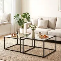 STILVORA Salontafel - Tweedelige Set Met Nestbaar Ontwerp - Voor Woonkamer - Gehard Glas En Metaal - 75x75x42 Cm - Zwart