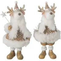 J-Line figuur Rendier Winterkleren - polyresin - wit/beige - small - 2 stuks