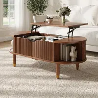 STILVORA Salontafel - Ovale Hydraulisch Verstelbare Tafel Met Opbergruimte - Voor Woonkamer - MDF En Hout - 110x48x57 Cm - Walnoot