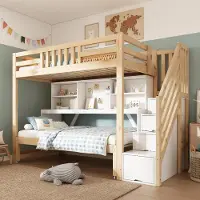 OKWISH Kinderbed 90x200 met uitschuifbaar bed en bureau, tweepersoonsbed met wielen en veiligheidsreling, stapelbed in eikenhout, zonder matras