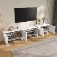 OKWISH TV-kast met reliëfstructuur en open vakken, TV-meubel met 4 deuren en kabeldoorvoer, wit