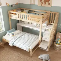 STILVORA Etagebed 90x200+90x190 cm met uitschuifbed, kinderbed met verstelbaar bureau en trapkast, hoogslaper met plank, (zonder matras)