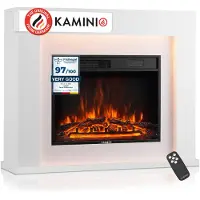 KAMINIO Elektrische kachel MATTI - Elektrische vrijstaande kachel met verwarming, 3D-vlammeffect, LED-omgevingsverlichting, afstandsbediening - Wit