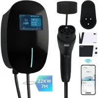 Puluomis Wandlader 22kW, laadkabel 7m, Type 2 met houder. EV-lader, 3-fas, instelbaar van 6-32A, IP65, met WLAN & Bluetooth, 24-uurs timer, zwart