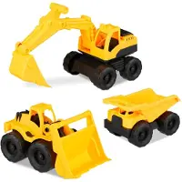 Relaxdays speelgoed bouwvoertuigen, set van 3 stuks met een graafmachine, een shovel en een vrachtwagen, geschikt voor de zandbak en kinderkamer, gemaakt van kunststof