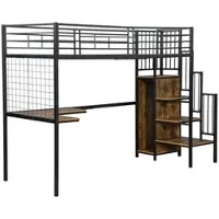 OKWISH Hoogslaper 90x200cm – Met Bureau En Ingebouwde Kledingkast – Zijtrap Met Leuning – Metalen Frame En MDF – Zonder matras – Zwart