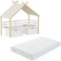 En.casa Hoogslaper "Surnadal" met matras 90 x 200 cm, voorzien van valbeveiliging, een ladder en een afneembaar dak, gemaakt van grenenhout, wit/naturel