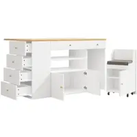 OKWISH Keukeneiland - Met Opberglades En Verrijdbare Kruk - Voor Keuken En Eethoek - MDF Wit Met Gouden Grepen - 140×40×89 cm