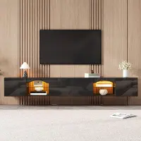 OKWISH TV-kast met 2 open vakken en app-bediening, LED-verlichting, TV-meubel met glazen planken, tv-bank met opbergruimte, zwart