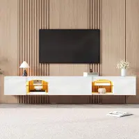 OKWISH TV-kast met 2 open vakken en app-bediening, LED-verlichting, TV-meubel met glazen planken, tv-bank met opbergruimte, wit