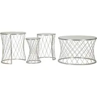 Mauro Ferretti Set van 4 Noah zilverkleurige salontafels – Salontafels van zilverkleurig metaal en gehard glas, met een diamantmotief, in een glamoureuze stijl – 940