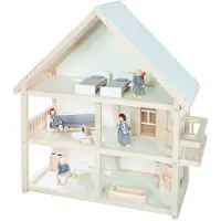 Roba Wooden Dollhouse - - 3 floors with 16 pieces of furniture and 4 dolls - Natural / White / Grey