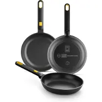 BRA Daily Pro | Set van 3 koekenpannen van aluminium, 20-24-28 cm, met een drielaagse anti-aanbaklaag zonder , geschikt voor alle soorten fornuizen en inductie, in de kleuren zwart en geel