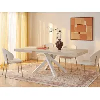 Vente-unique Uitschuifbare eettafel voor 6 tot 10 personen in MDF en metaal - Travertijn effect beige en wit CATONAV