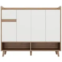 OKWISH Dressoir Schoenenkast – 120x35x99 cm – 4 Deuren En 1 Lade – Verstelbare Plank – Opbergruimte – Wit Naturel