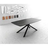 DELIFE Eettafel Edge Bootsform 200x100cm Laminam keramiek bruin middenpoot kruis zwart